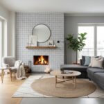 Modern living room with white and black patterned wall tiles, cozy fireplace, and minimalist decor.