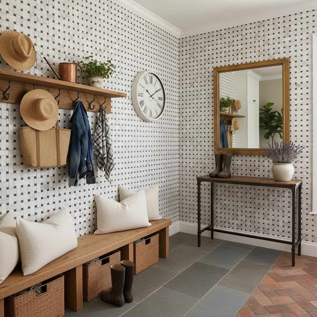 Bright entryway featuring black and white patterned wall tiles, wooden bench, and decorative accessories.