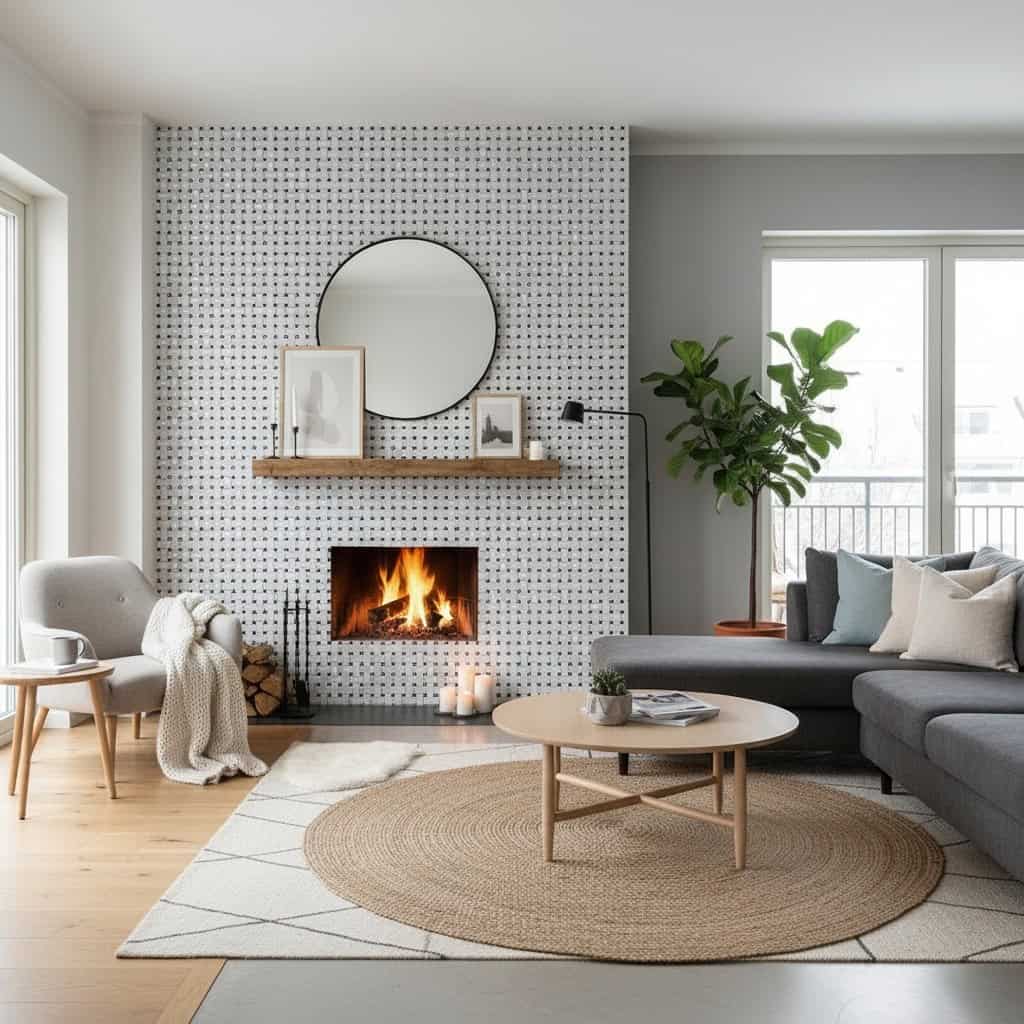 Modern living room with white and black patterned wall tiles, cozy fireplace, and minimalist decor.