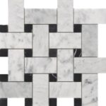 Marble tile with white and gray tones, featuring black accent tiles for contrast.