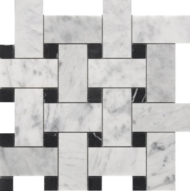 Marble tile with white and gray tones, featuring black accent tiles for contrast.