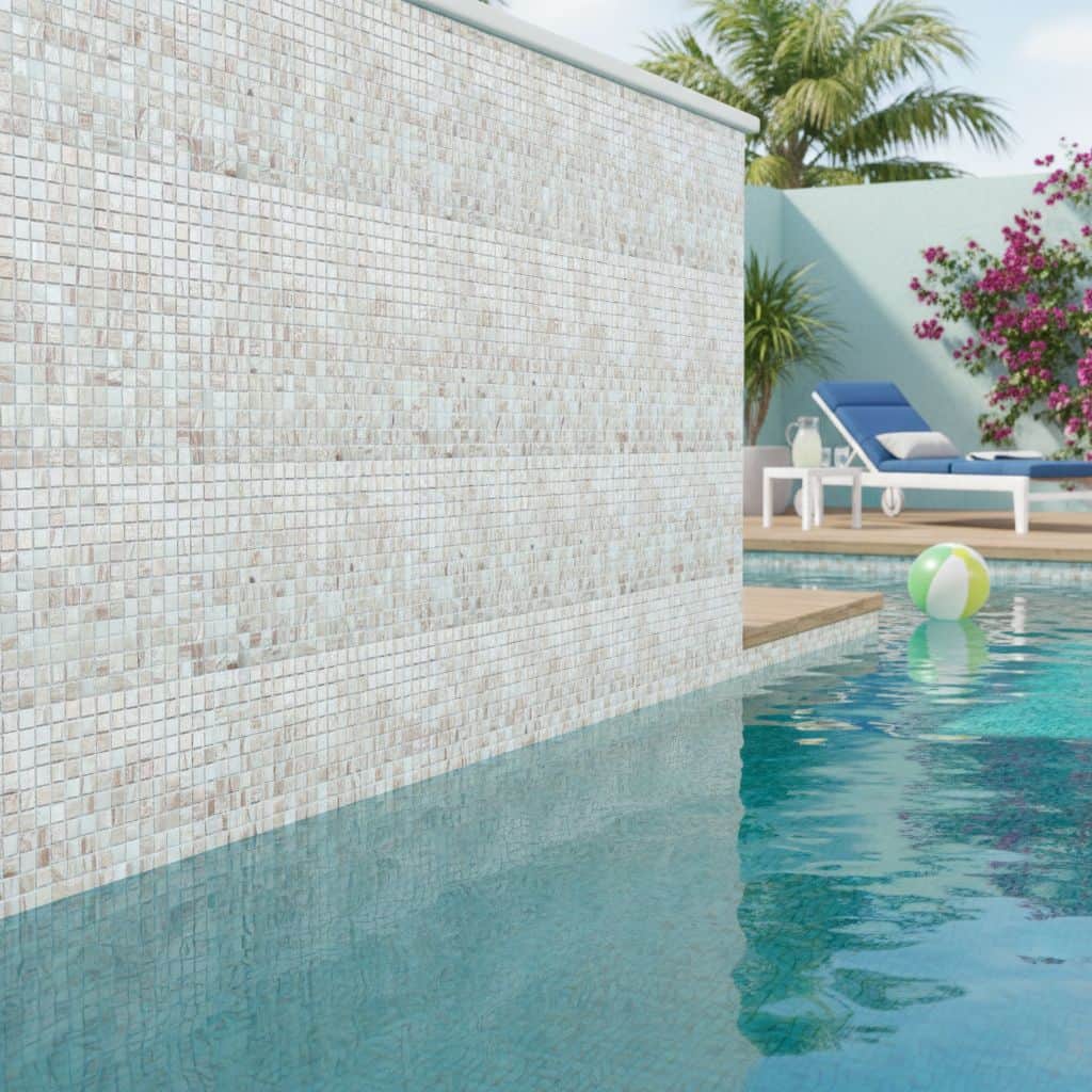 Beautiful glass tile pool wall with mosaic design, perfect for modern outdoor swimming pools.