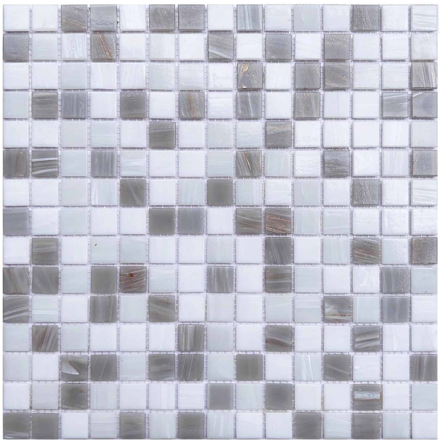 Glass tile mosaic with a mix of clear and gray tiles, ideal for backsplashes and pool areas. Durable, stylish, and easy to cl.