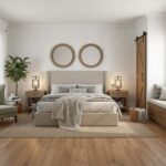A stylish bedroom featuring a shell tile accent wall with mother of pearl and oyster shell tiles, creating a luxurious and na.
