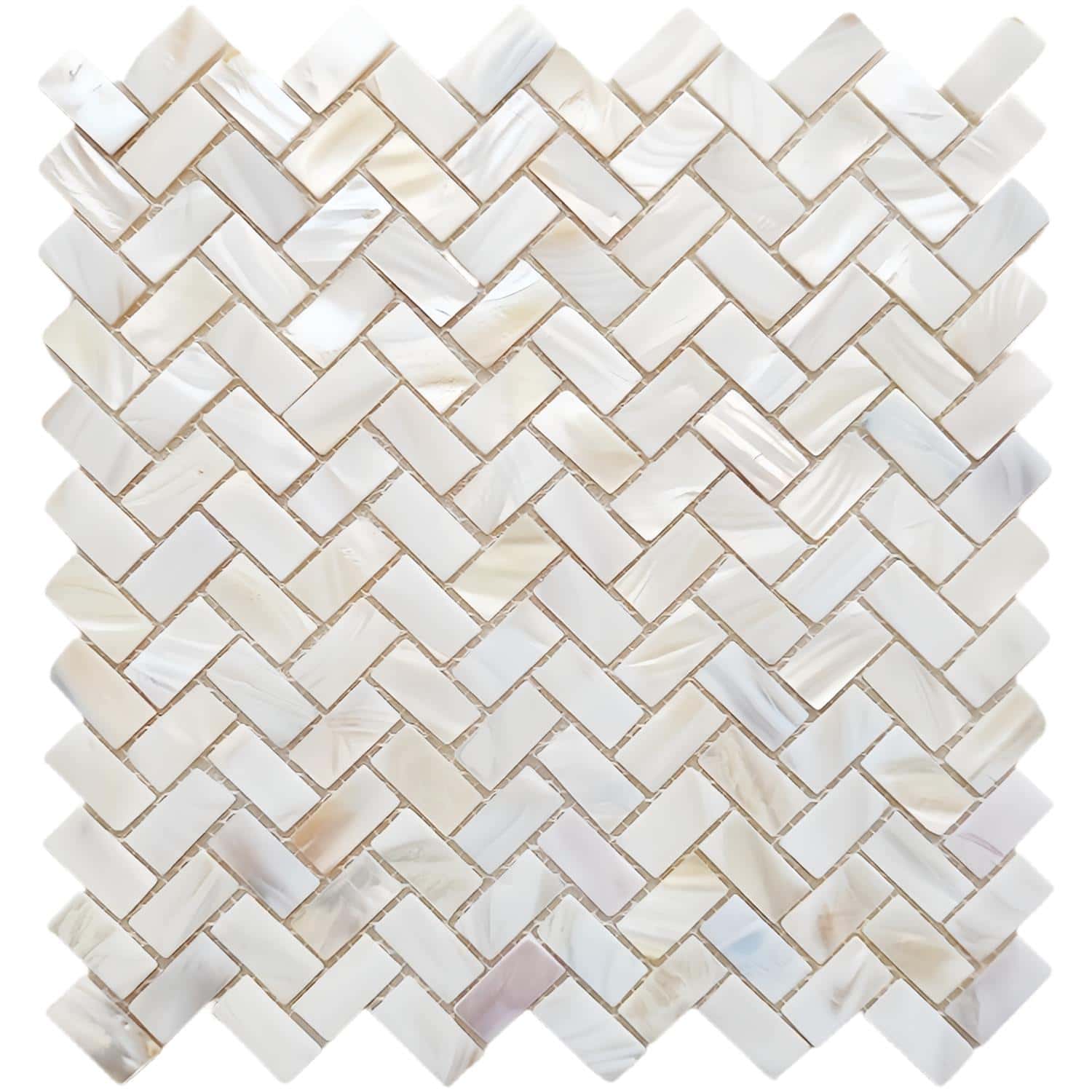 Mother of pearl shell tile with a herringbone pattern, featuring iridescent oyster shells for luxurious interior accents.