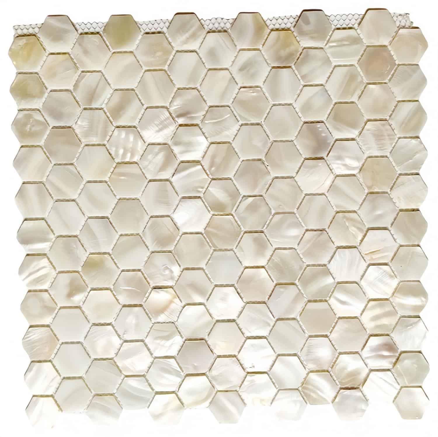 Elegant hexagon shell tile with iridescent pearl finish. Perfect for luxurious walls and backsplashes.