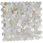 Mother of pearl shell tile with hexagonal shape, iridescent finish, and natural oyster shell appearance. Perfect for elegant.