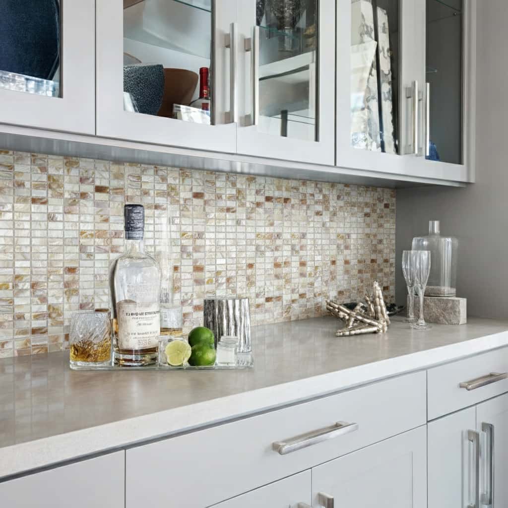 Mother of pearl shell tile backsplash with glassware and decorative items.
