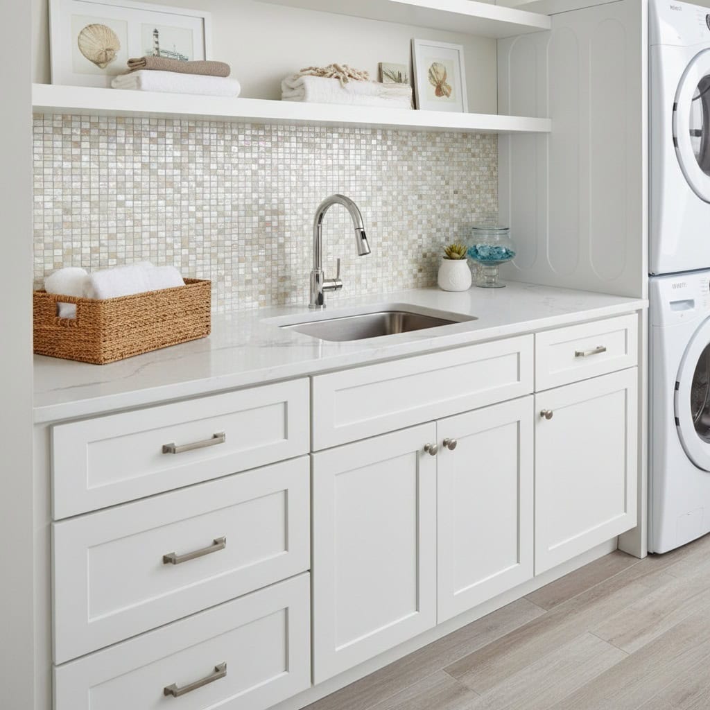 Beautiful kitchen with mother of pearl shell tile backsplash and white cabinetry.