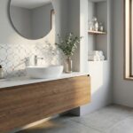 Modern bathroom with wooden vanity, white vessel sink, and geometric patterned tiles.