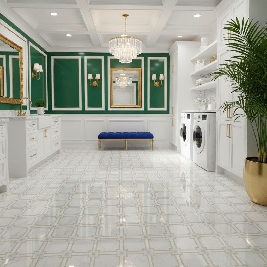 Bright laundry room with green and white patterned tiles, white cabinetry, and gold accents. Features a chandelier, mirror, a.