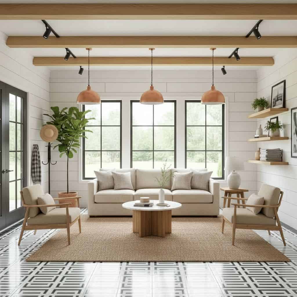Bright white living room with textured tile flooring, wooden ceiling beams, and neutral-toned furniture. Features large windo.
