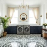 Bright laundry room with black and white geometric patterned tiles, white walls, and natural light from large windows.