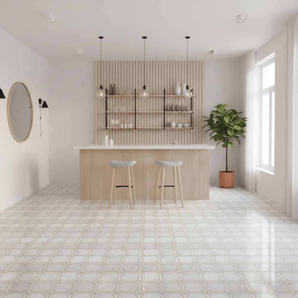 Beige patterned tile with smooth texture, suitable for kitchen floors and modern interior design.