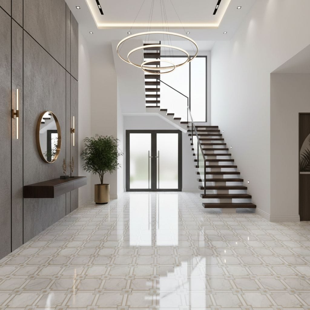 Bright, polished marble tiles with subtle geometric design, ideal for contemporary home interiors.