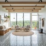 Bright living space featuring a patterned tile floor, wooden ceiling beams, and a balcony view of greenery.
