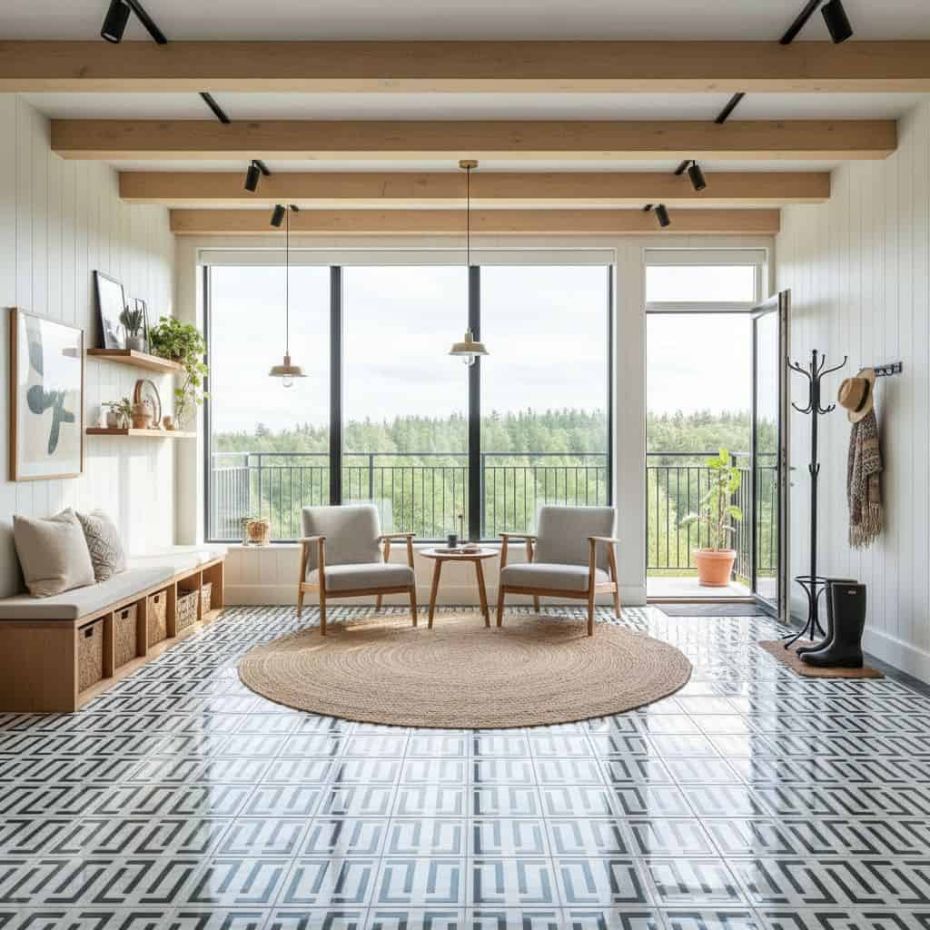 Bright living space featuring a patterned tile floor, wooden ceiling beams, and a balcony view of greenery.