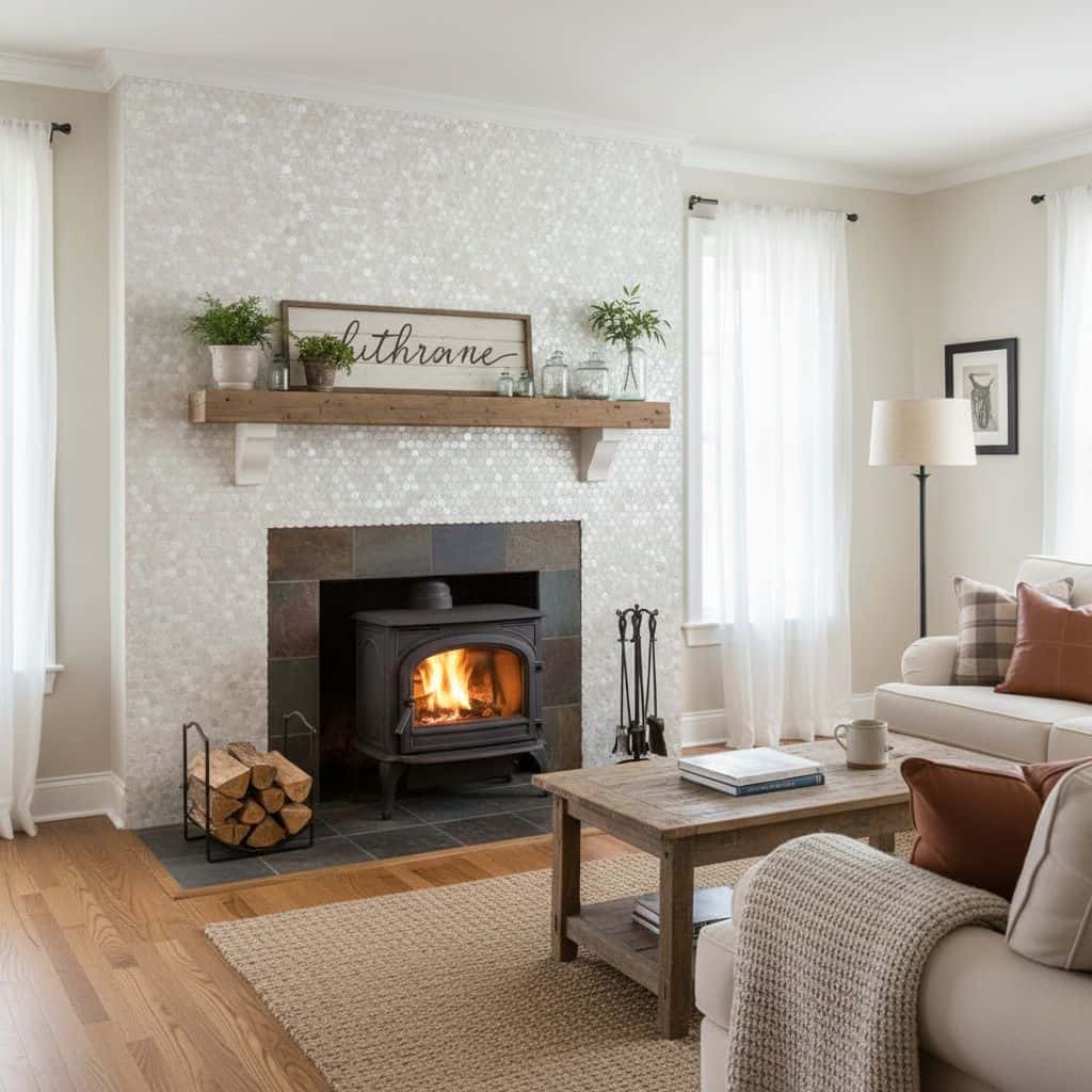 Mother of pearl shell tile enhances the fireplace with a shimmering, iridescent finish. Perfect for adding a luxurious touch.