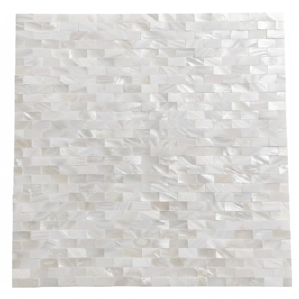 Beautiful white shell tile with iridescent pearl finish for elegant interior decor.