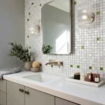 Modern bathroom with mother of pearl shell tile accents and sleek mirror.