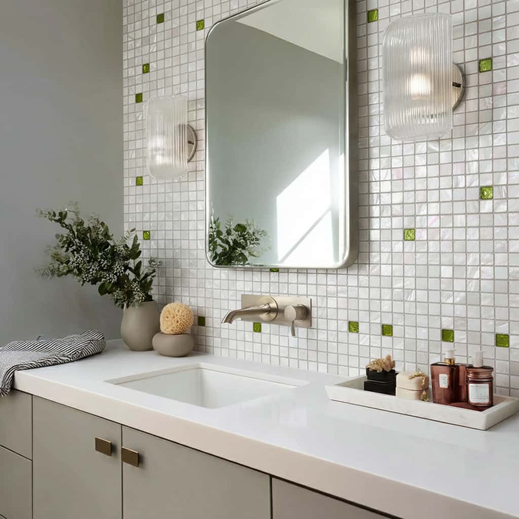 Modern bathroom with mother of pearl shell tile accents and sleek mirror.