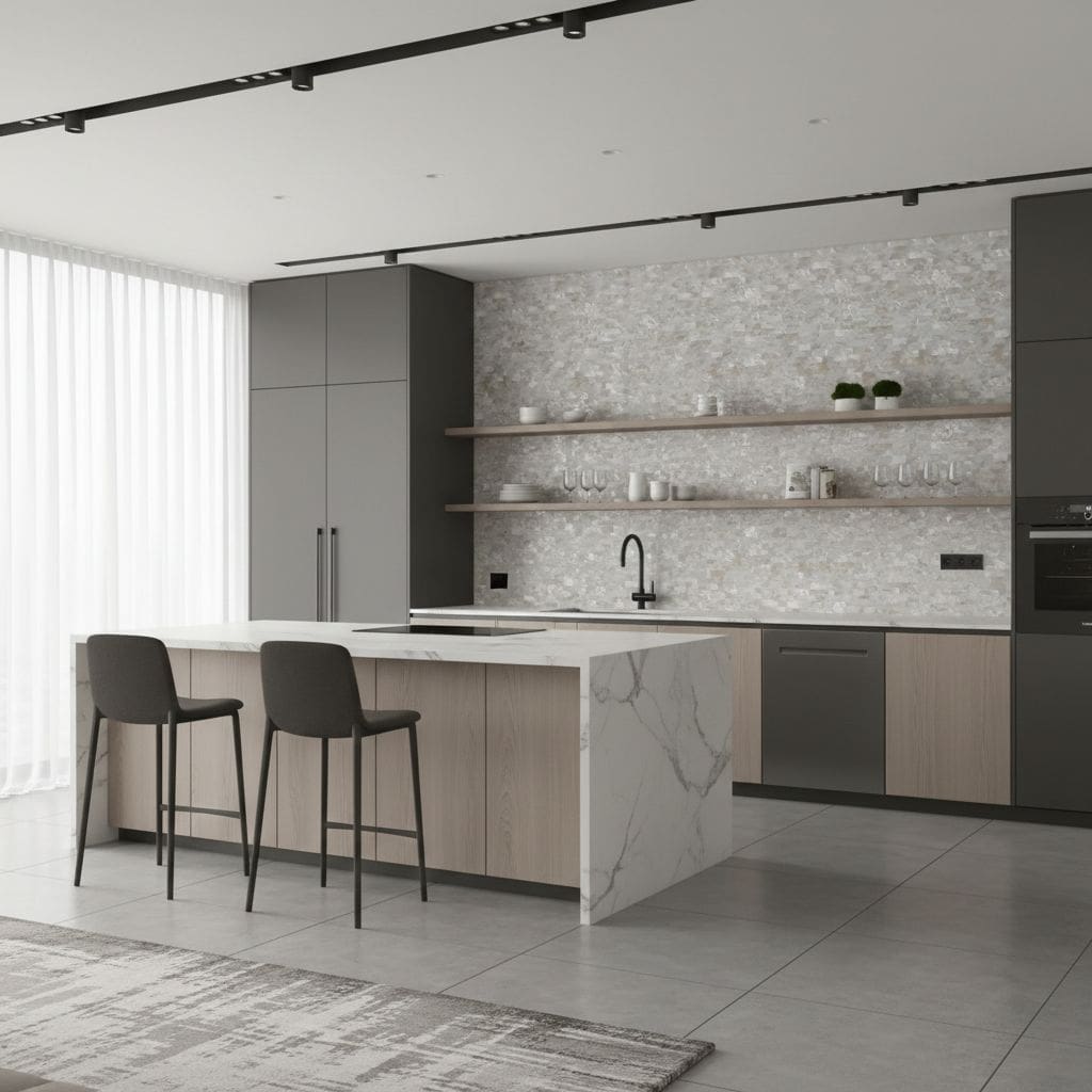 A sleek kitchen featuring shell tile backsplash, modern cabinetry, and a marble island in a contemporary home.