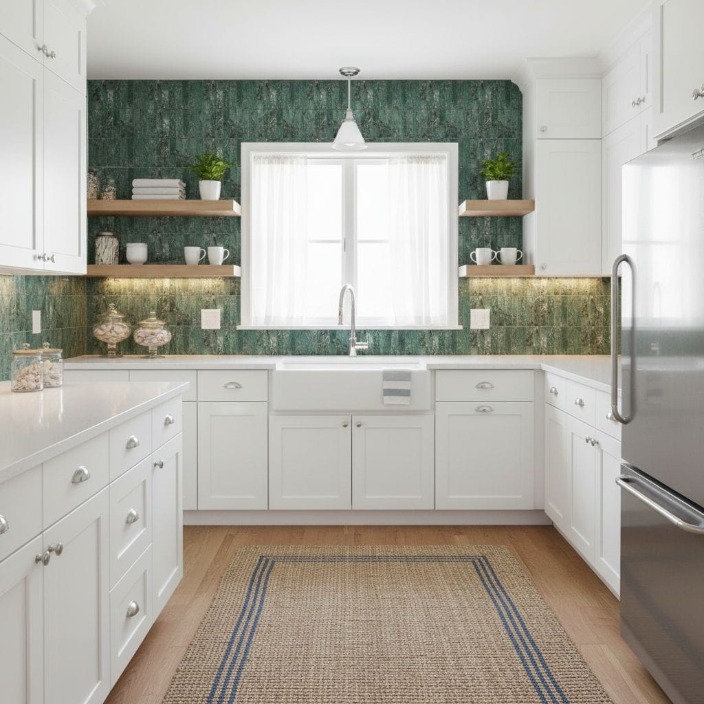 Bright kitchen with peel and stick wall tiles behind the sink and open shelves. Modern white cabinetry and natural light crea.