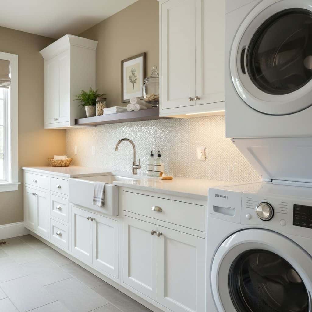 Mother of pearl shell tile backsplash in a bright, modern laundry room.