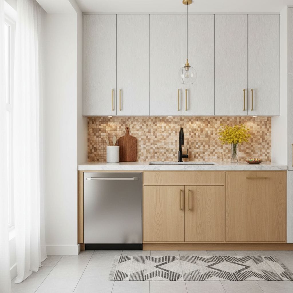 A modern kitchen featuring peel and stick wall tiles, light wood lower cabinets, and white upper cabinets with gold handles.