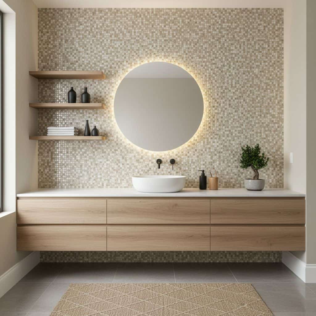 Modern bathroom with peel and stick wall tiles, round mirror, and wooden vanity.