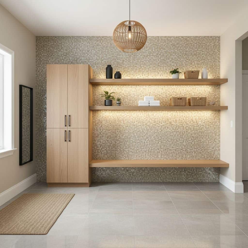 A modern interior featuring peel and stick tile backsplash on a textured wall with wooden shelves and decor.
