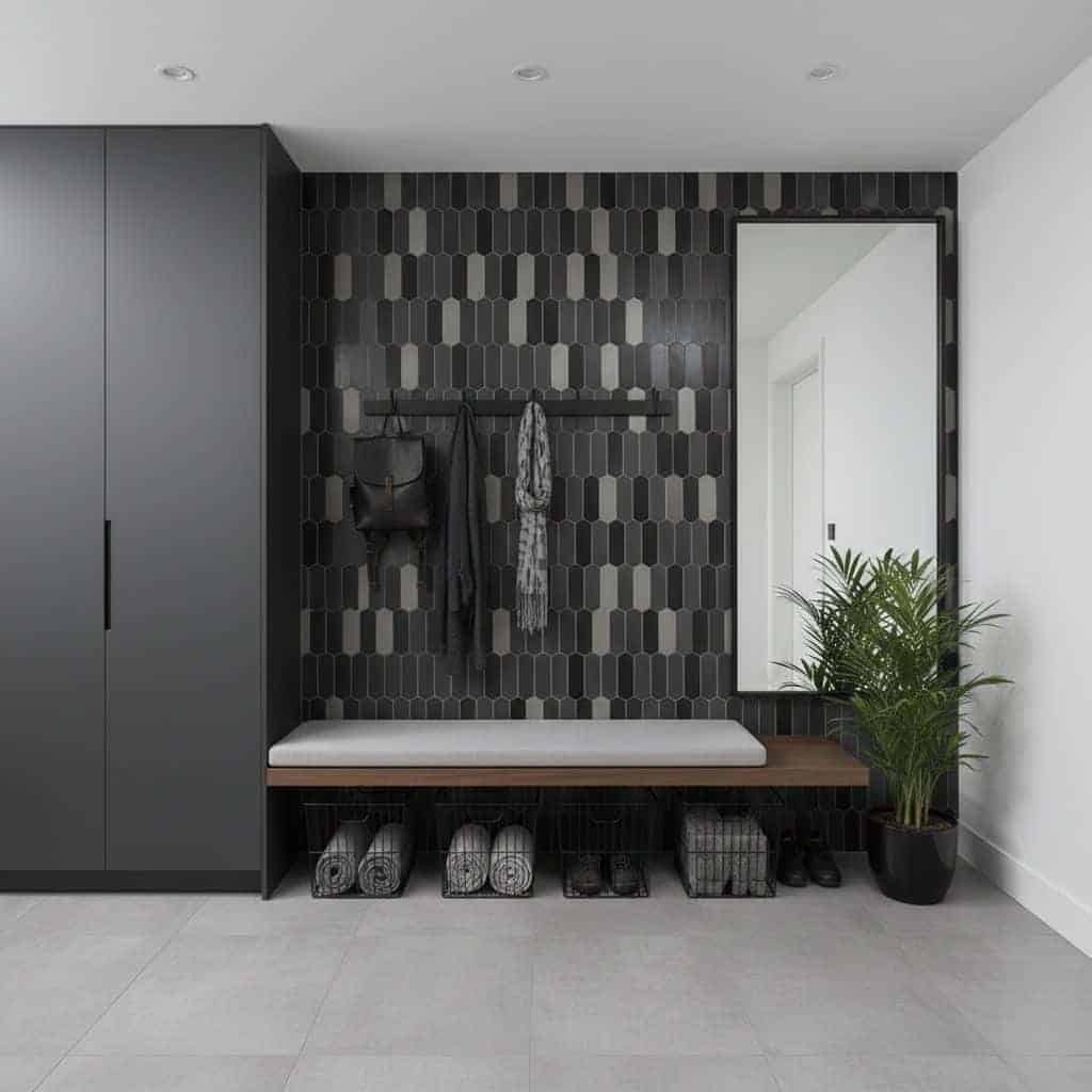 Modern entryway with black peel and stick wall tiles, mirror, and bench.