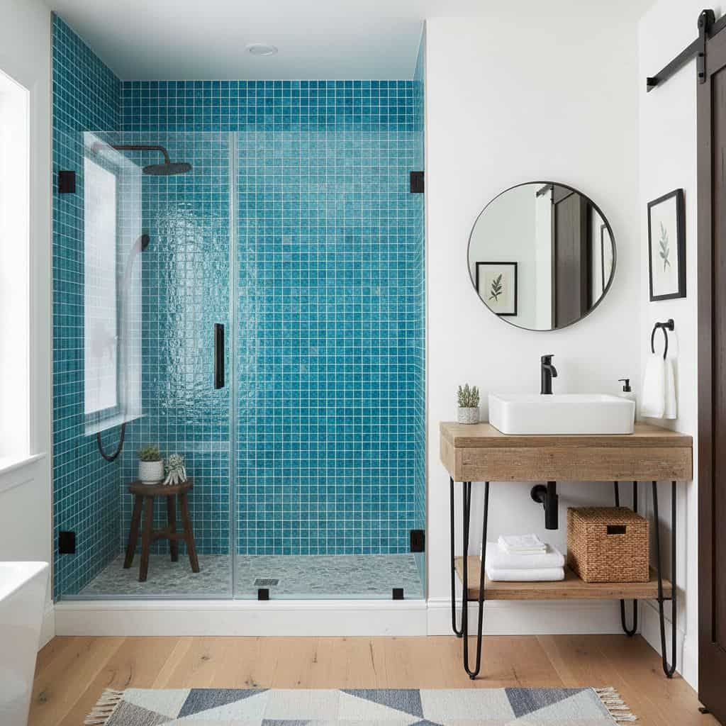 Blue glass tile backsplash in a contemporary bathroom with a walk-in shower and minimalist design.