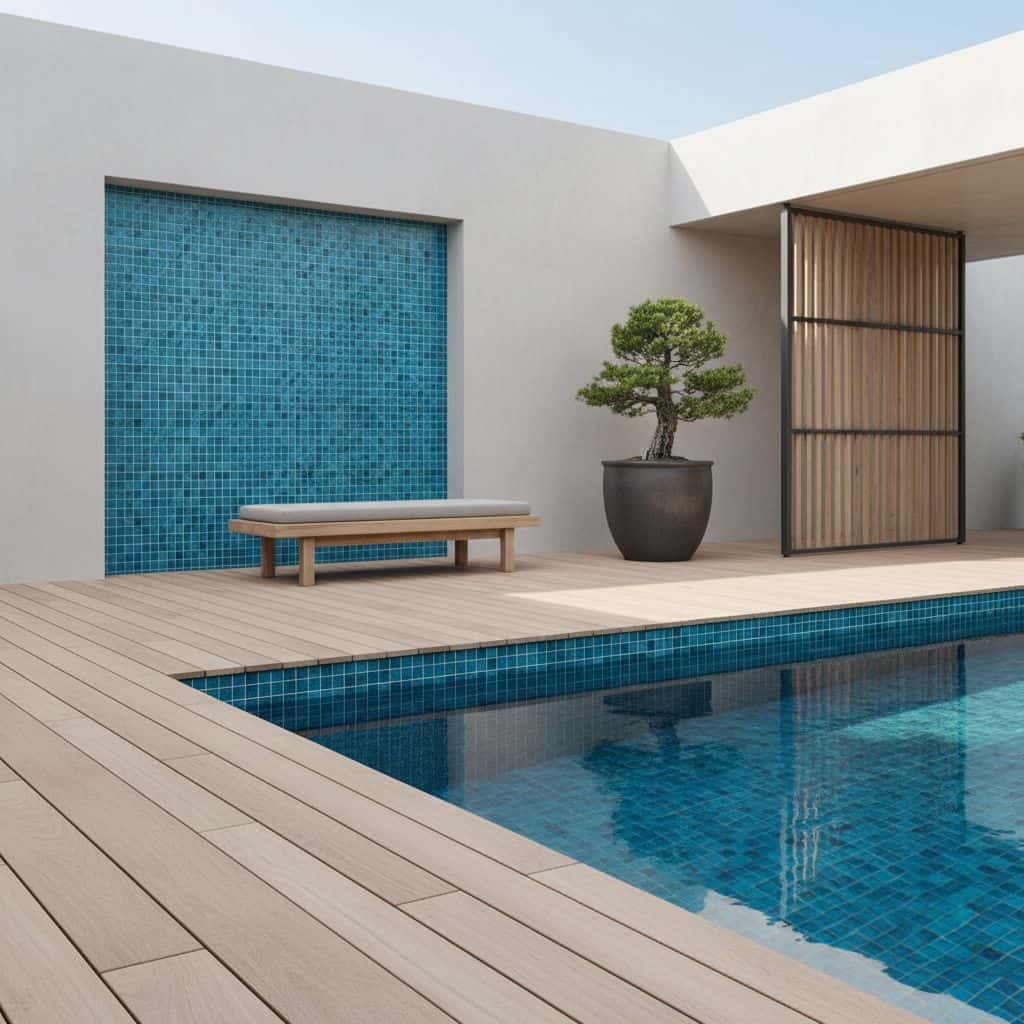 Glass tile backsplash in pool and wall design.