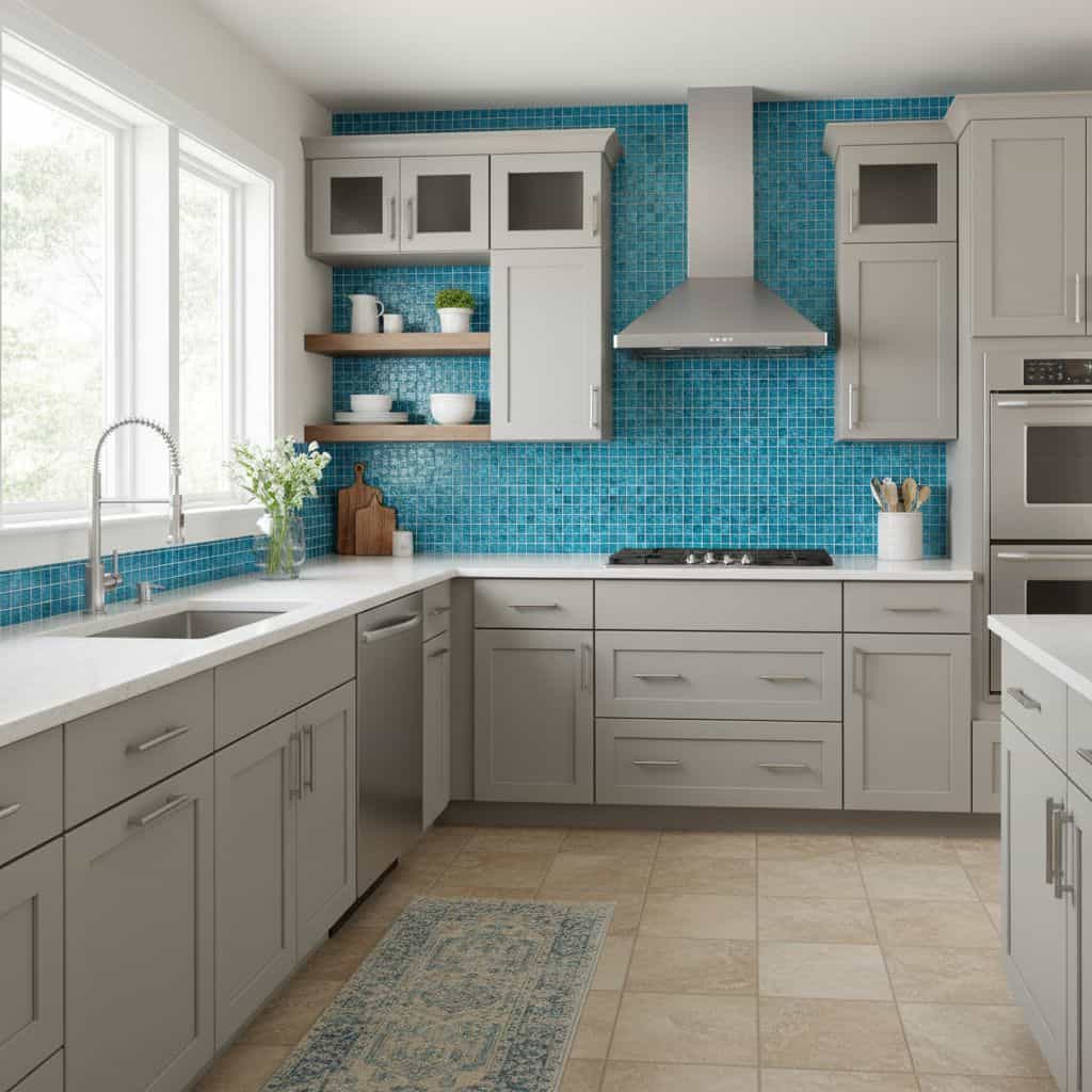 Modern kitchen featuring a vibrant blue glass mosaic tile backsplash and sleek white cabinets.