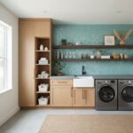 Bright laundry room with blue glass mosaic tile backsplash and modern appliances.