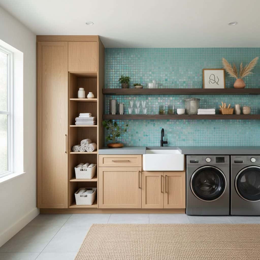Bright laundry room with blue glass mosaic tile backsplash and modern appliances.