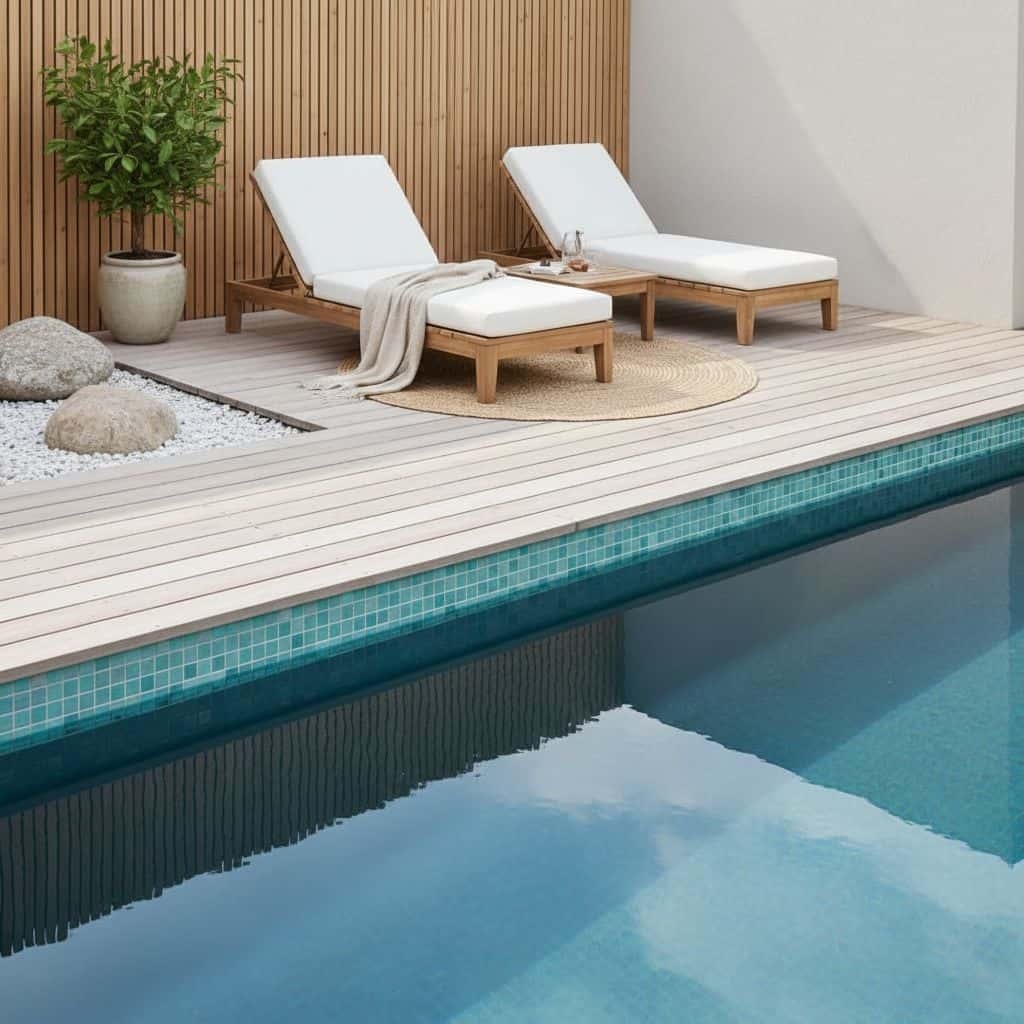 Relaxing poolside area featuring sleek glass tile backsplash and comfortable lounge chairs. Perfect for outdoor leisure and s.