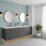 A modern bathroom featuring peel and stick wall tiles in a geometric pattern, with double mirrors and sleek vanity for easy h.