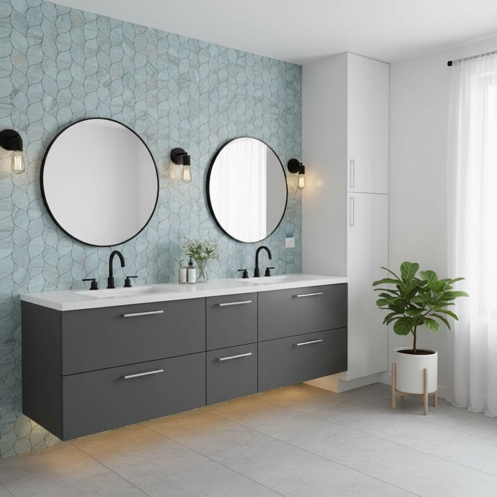 A modern bathroom featuring peel and stick wall tiles in a geometric pattern, with double mirrors and sleek vanity for easy h.