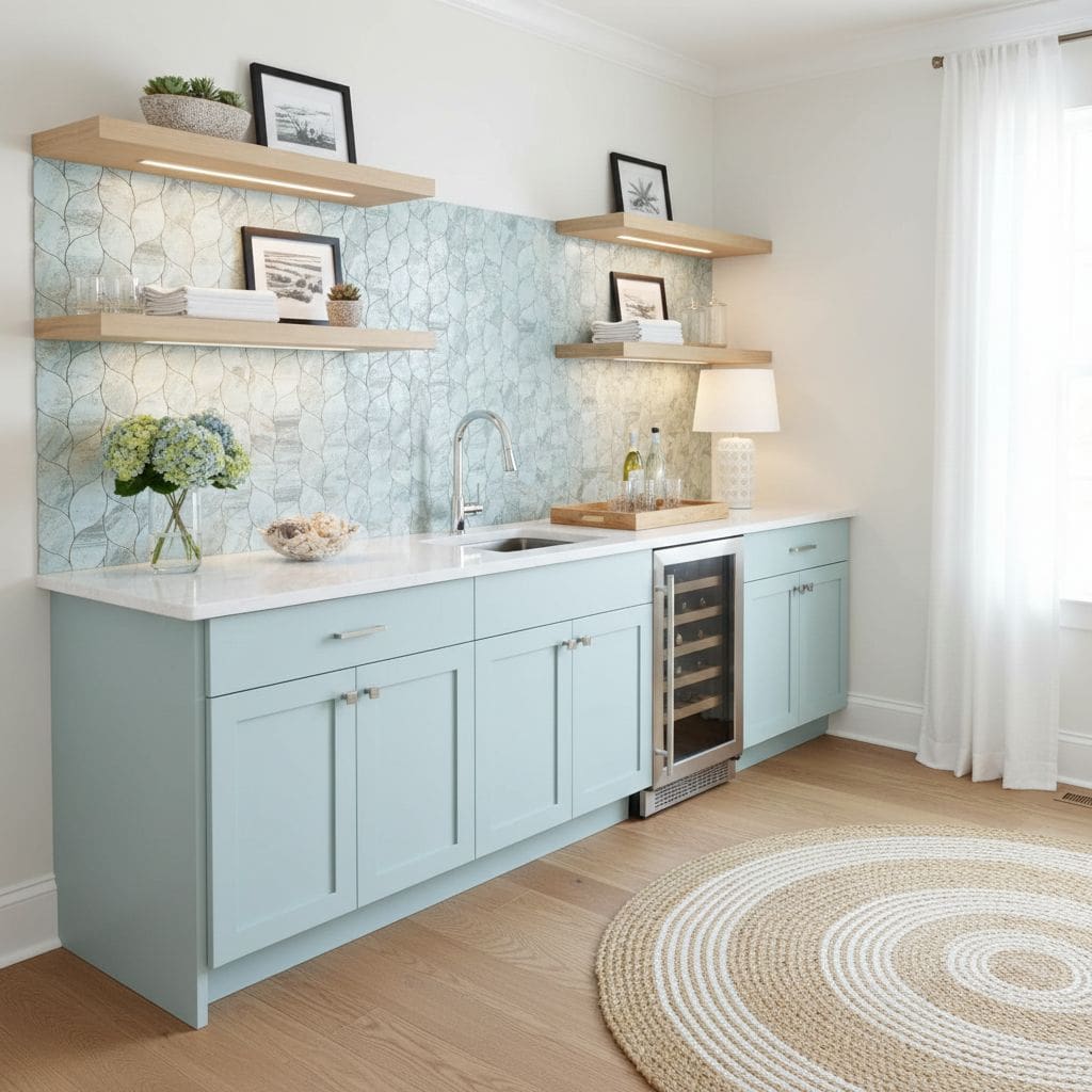 Bright blue peel and stick tile backsplash in modern kitchen.