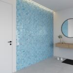 Seashell tile wall made of mother of pearl and oyster shells, perfect for elegant bathroom or kitchen accents.