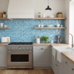 Mother of pearl shell tile used as a decorative backsplash in a modern kitchen setting.