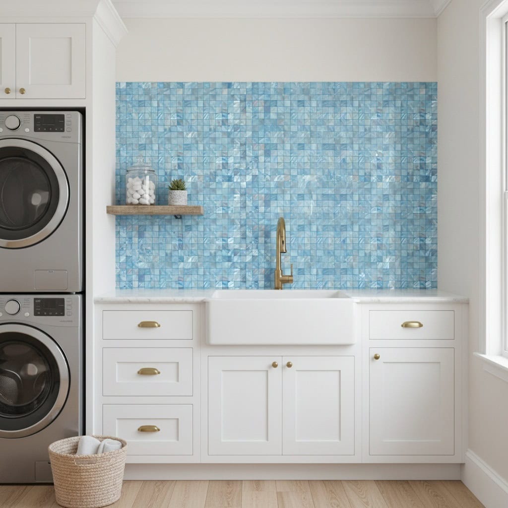 Kitchen backsplash with shimmering mother of pearl shell tile in shades of blue.