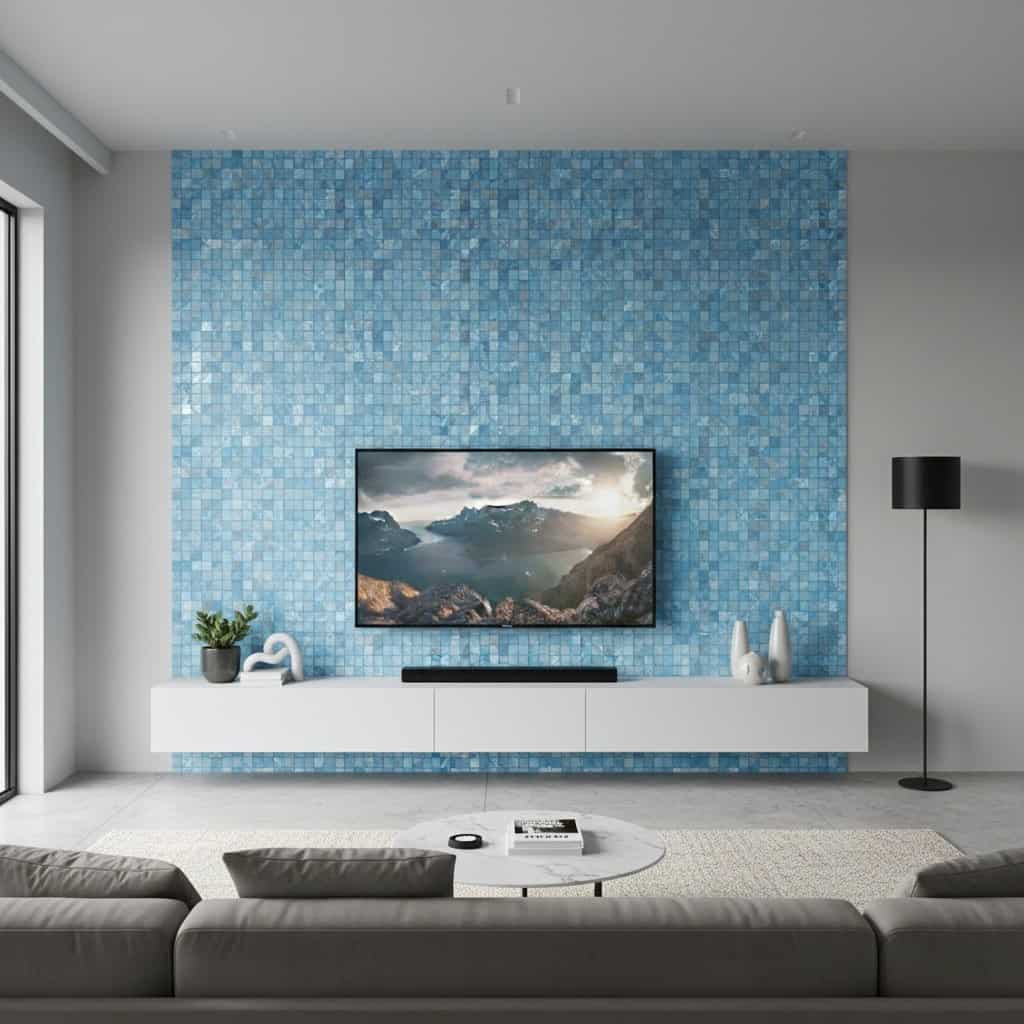 Blue seashell mosaic tile wall behind TV in contemporary living room setting.