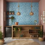 Seashell tile wall with blue mother of pearl and oyster shell tiles, creating a textured, ocean-inspired backdrop in a stylis.