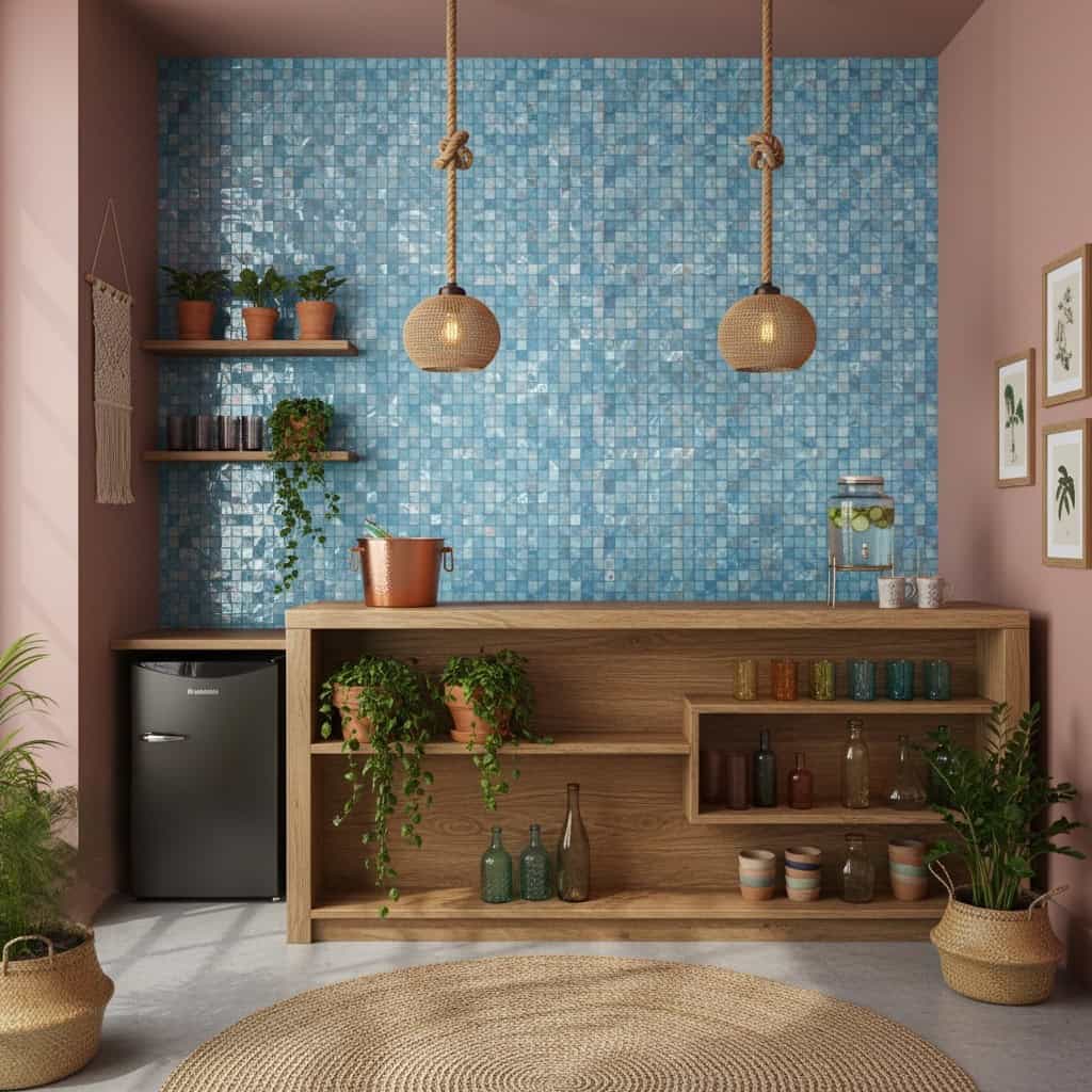 Seashell tile wall with blue mother of pearl and oyster shell tiles, creating a textured, ocean-inspired backdrop in a stylis.