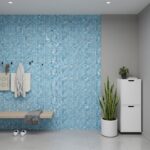 Seashell tile wall featuring mother of pearl and oyster shell tiles in a modern interior setting.