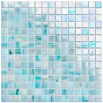 Up of a glass mosaic tile backsplash featuring various shades of blue and iridescent finishes, ideal for pools and decorative.
