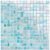 Up of a glass mosaic tile backsplash featuring various shades of blue and iridescent finishes, ideal for pools and decorative.